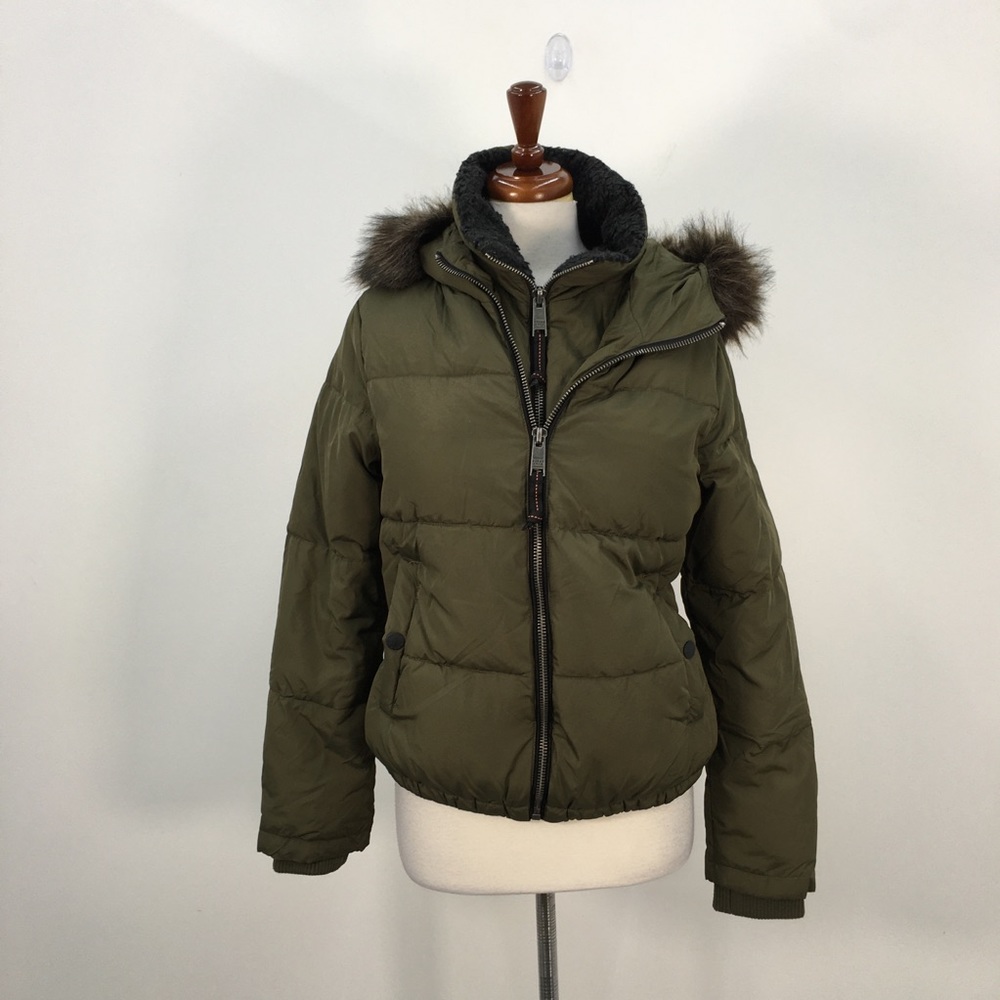 Superdry Horizon Army Green Double Zip Hooded Puffer Coat with Faux Fur Trim